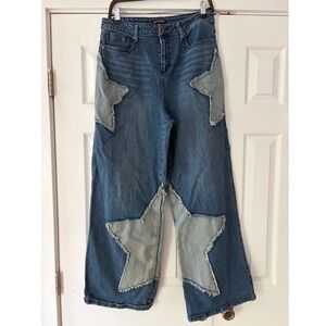 Hot Topic Star Patch Wide Leg Jeans Blue Denim Skater Y2K Size 11